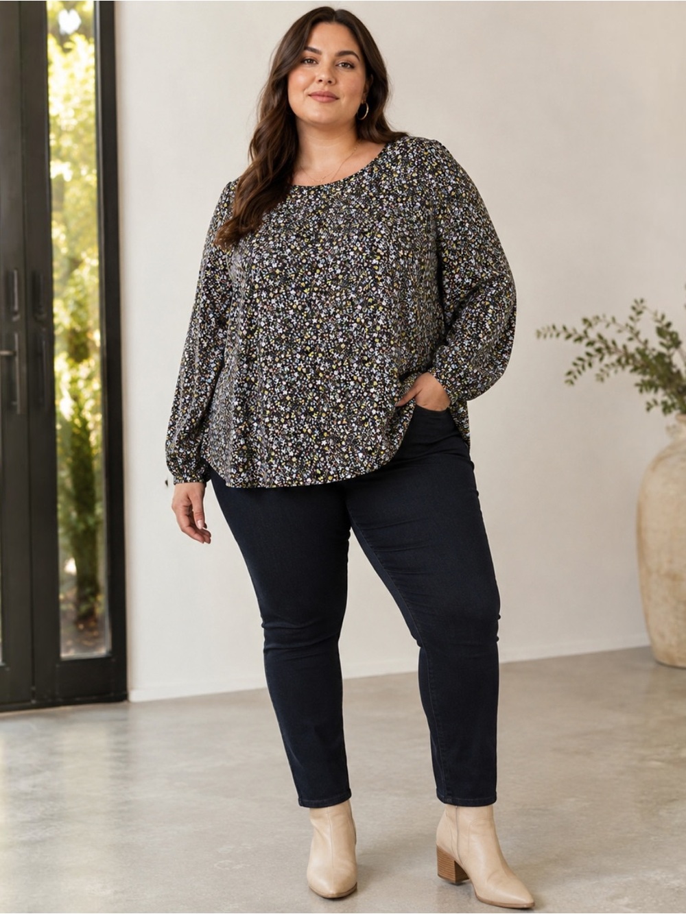 LOFT Plus Size 20 Ditsy Floral Long Sleeve Swing Blouse Navy Multicolor